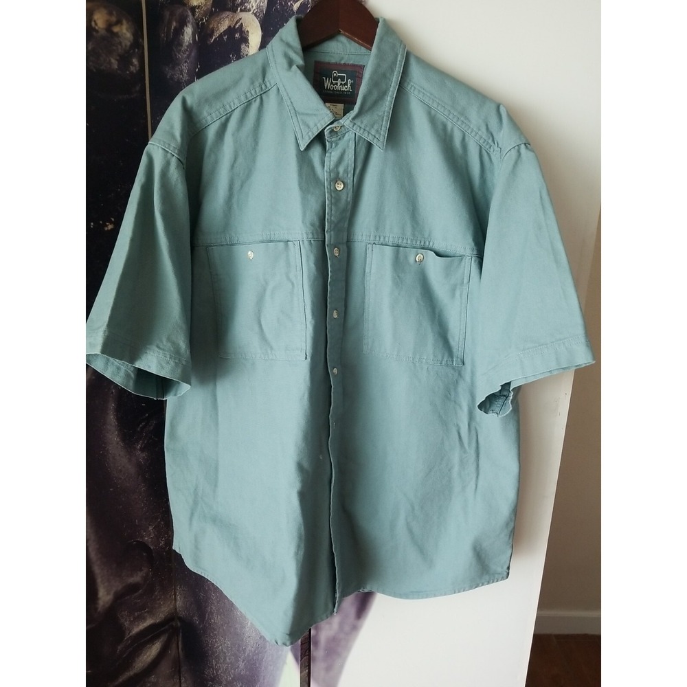WOOLRICH Men's Short Sleeve Heavy Canvas Green Button Collared Shirt Size XL‎